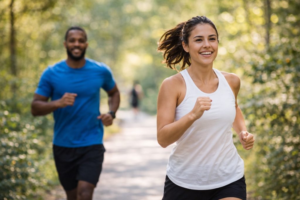 Woman jogging on a forest trail representing human body health fitness and exercise