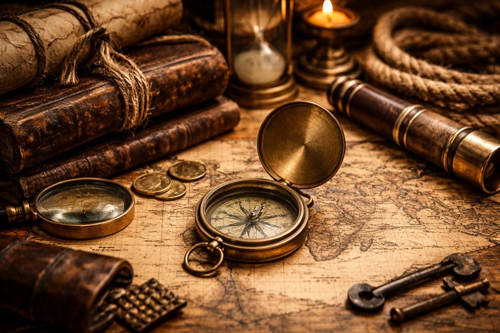 Antique compass resting on an old world map symbolising history, exploration and discovery