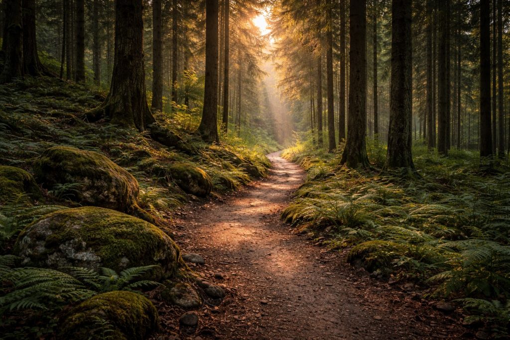 Sunlit forest trail through tall trees representing space and nature